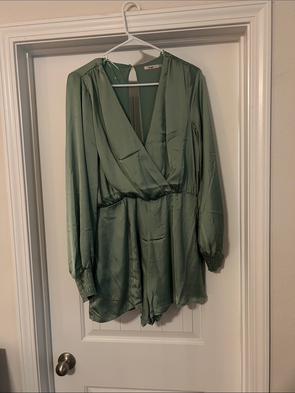 Satin green romper long sleeve